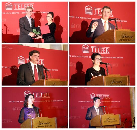 左上：我院副院长刘静艳教授向渥太华市长Jim Watson赠送纪念品  右上：渥太华大学副校长Monsieur Louis de Melo讲话  左中：渥太华大学Telferwilliam英国中文院长Monsieur François Julie讲话  右中：我院副院长刘静艳教授讲话  左下：我院EMBA学生代表容海明发言  右下：我院EMBA学生代表罗毅发言
